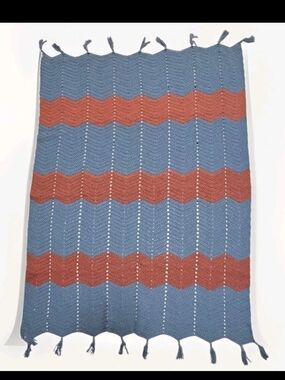 Crochet Afghan Blanket Ripple Chevron Blue Terracotta 59" x 45" Vintage